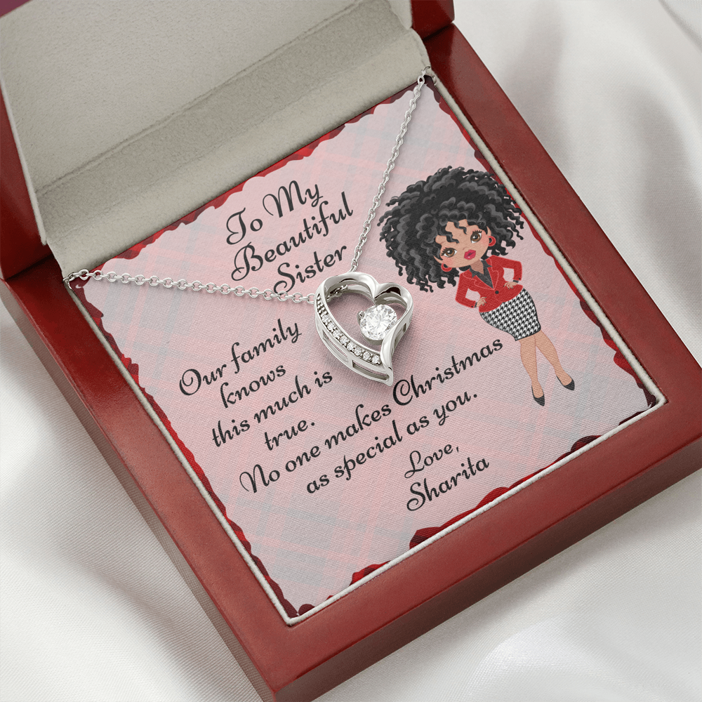 Personalized Christmas Card To Sister With Cubic Zirconia Heart Necklace - Plaid Skirt
