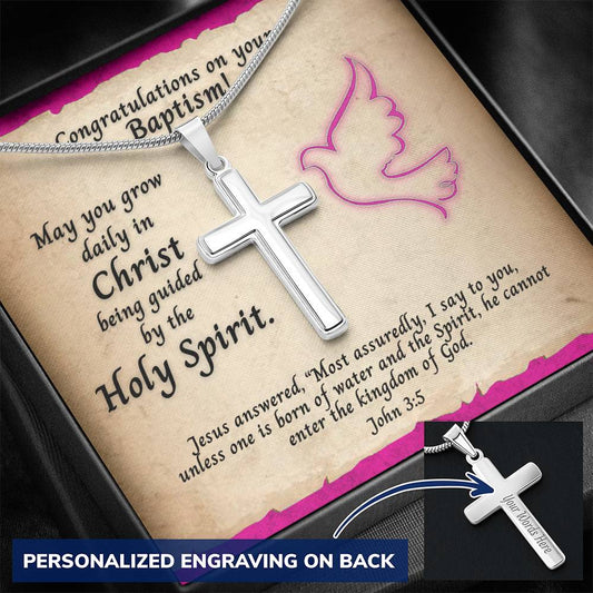 Personalized Cross Necklace and Baptism Message Card With Bible Verse John 3:5