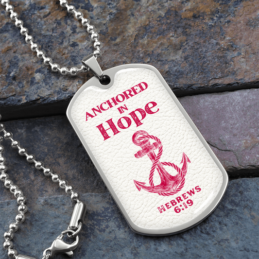 Anchored In Hope Bible Verse Dog Tag Necklace | Pink Anchor