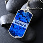 Blessed Inspirational Silver Dog Tag with beautiful blue flowers. The word Blessed is on top of blue flowers.