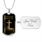 Child of God Man of Faith dog tag with gold cross and black background and silver ball chain. Engrave back of dog tag option