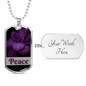 Engrave Peace Inspirational Gold Dog Tag with beautiful purple flower. The word Peace is also purple.