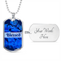 Engraved Blessed Inspirational Silver Dog Tag with beautiful blue flowers. The word Blessed is on top of blue flowers..