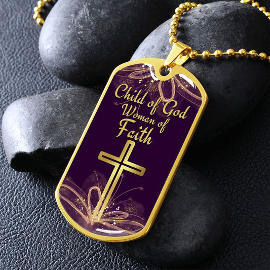 Child of God Woman of Faith Christian Dog Tag - Gold Cross