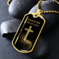 Gold Child of God Man of Faith dog tag necklace with gold cross and black background and gold ball chain.
