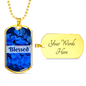 Engraved Blessed Inspirational Gold Dog Tag with beautiful blue flowers. The word Blessed is on top of blue flowers..