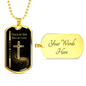 Gold Child of God Man of Faith dog tag necklace with gold cross and black background and gold ball chain with option to engrave.