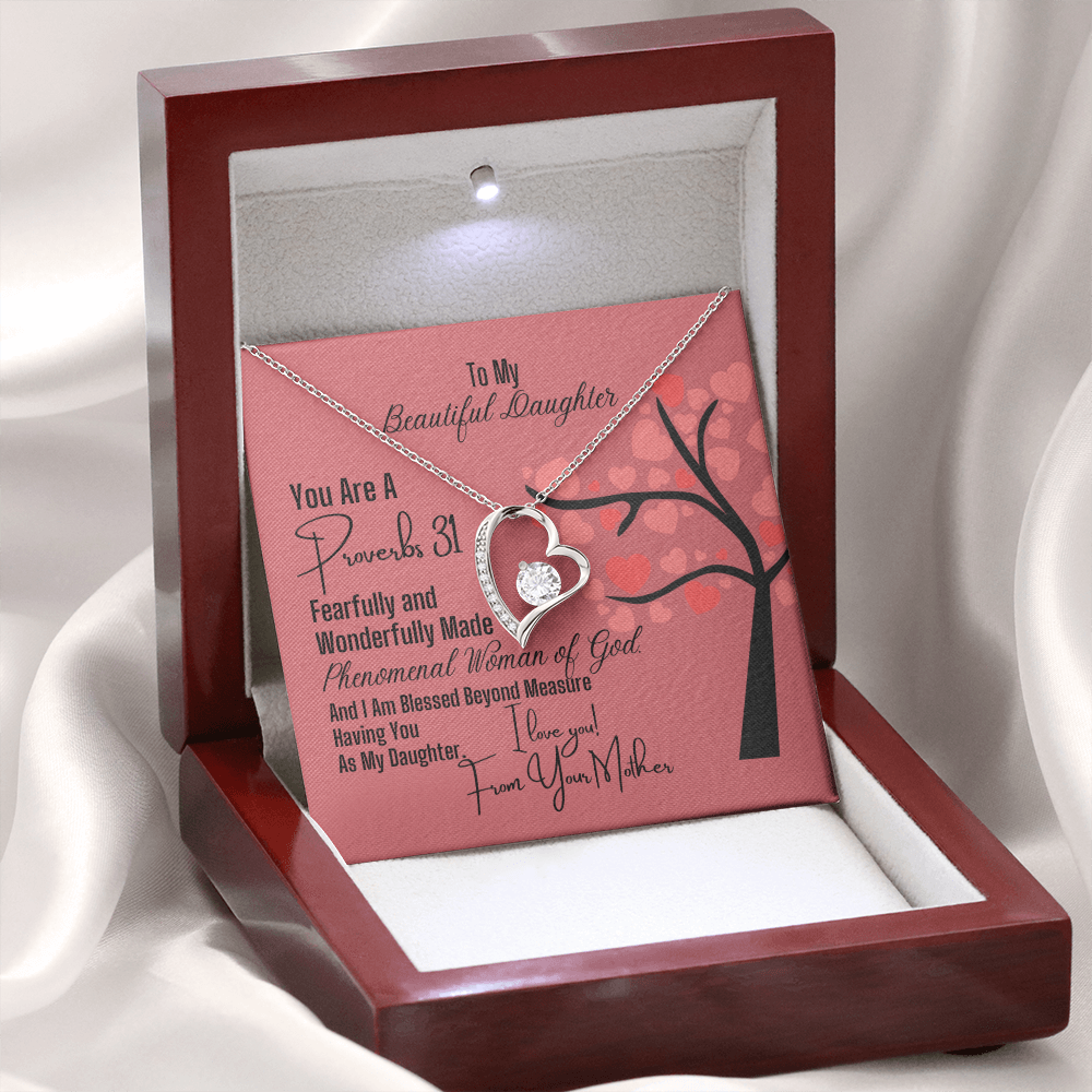 To Daughter From Mother - Heart Necklace and Proverbs 31 Message Card