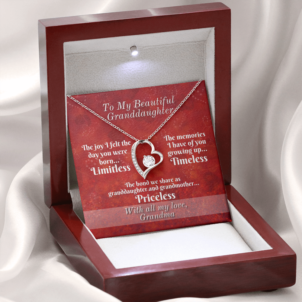 To Granddaughter From Grandmother - Heart Necklace - Limitless, Timeless, and Priceless Message Card