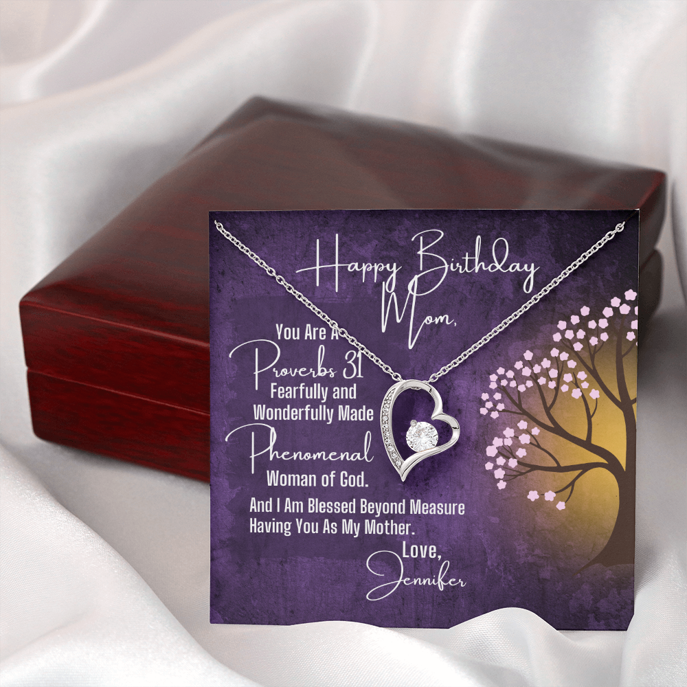 To Mom Birthday, Heart Necklace and Proverbs 31 Personalized Message Card