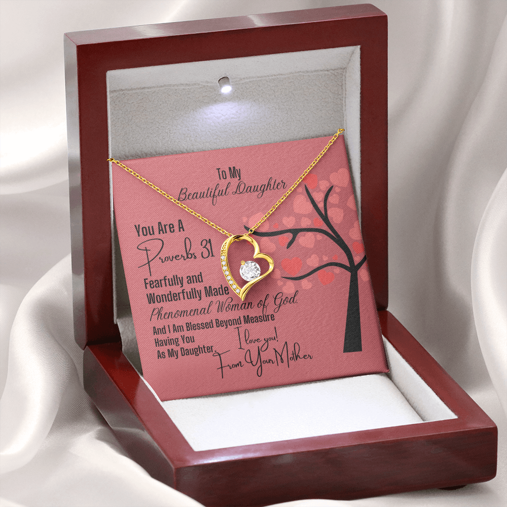 To Daughter From Mother - Heart Necklace and Proverbs 31 Message Card