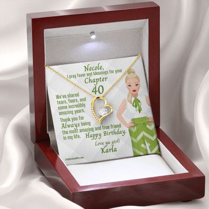 Chapter Birthday Gold Necklace  and Message Card Open Mahogany Gift Box