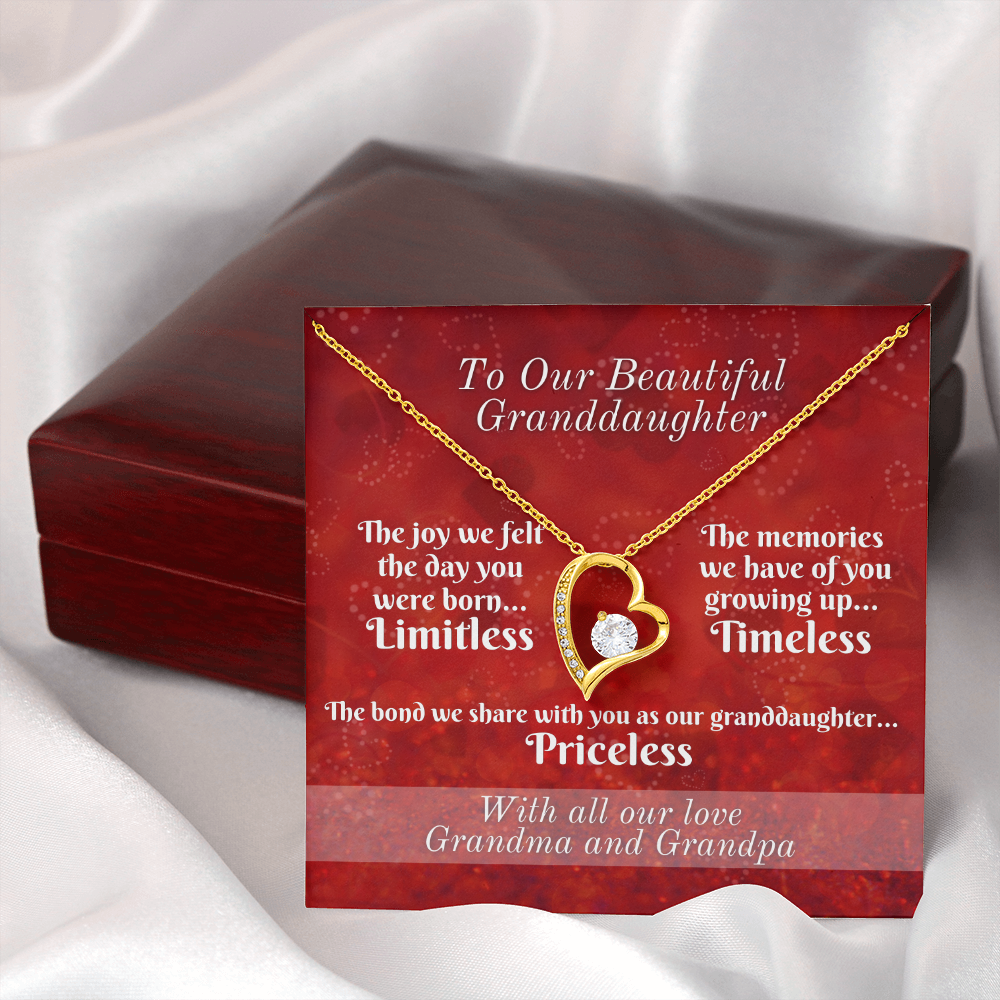 To Granddaughter From Grandparents - Heart Necklace and Limitless, Timeless, and Priceless Message Card