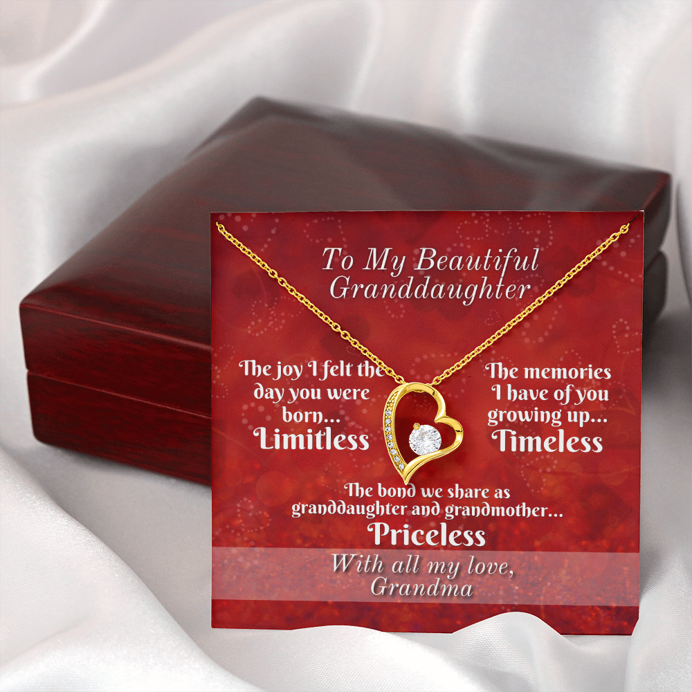 To Granddaughter From Grandmother - Heart Necklace - Limitless, Timeless, and Priceless Message Card