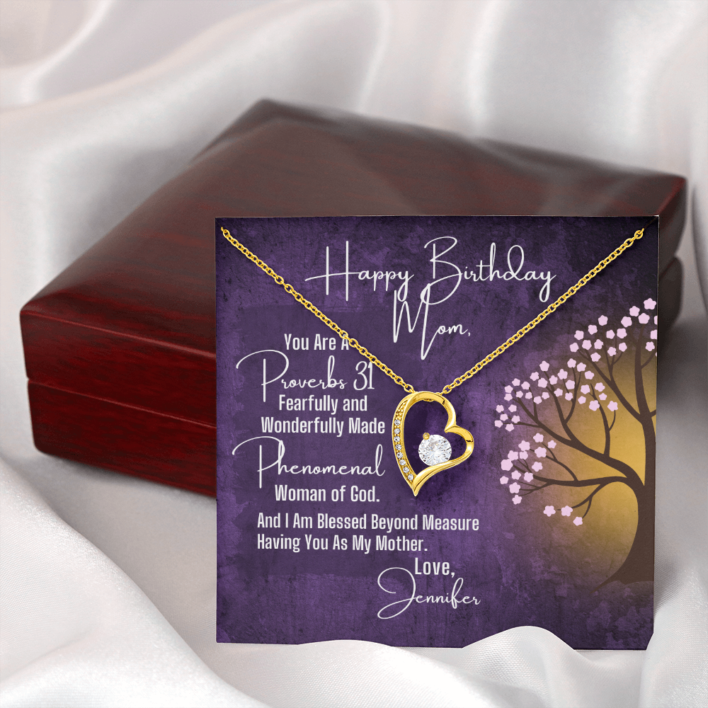 To Mom Birthday, Heart Necklace and Proverbs 31 Personalized Message Card