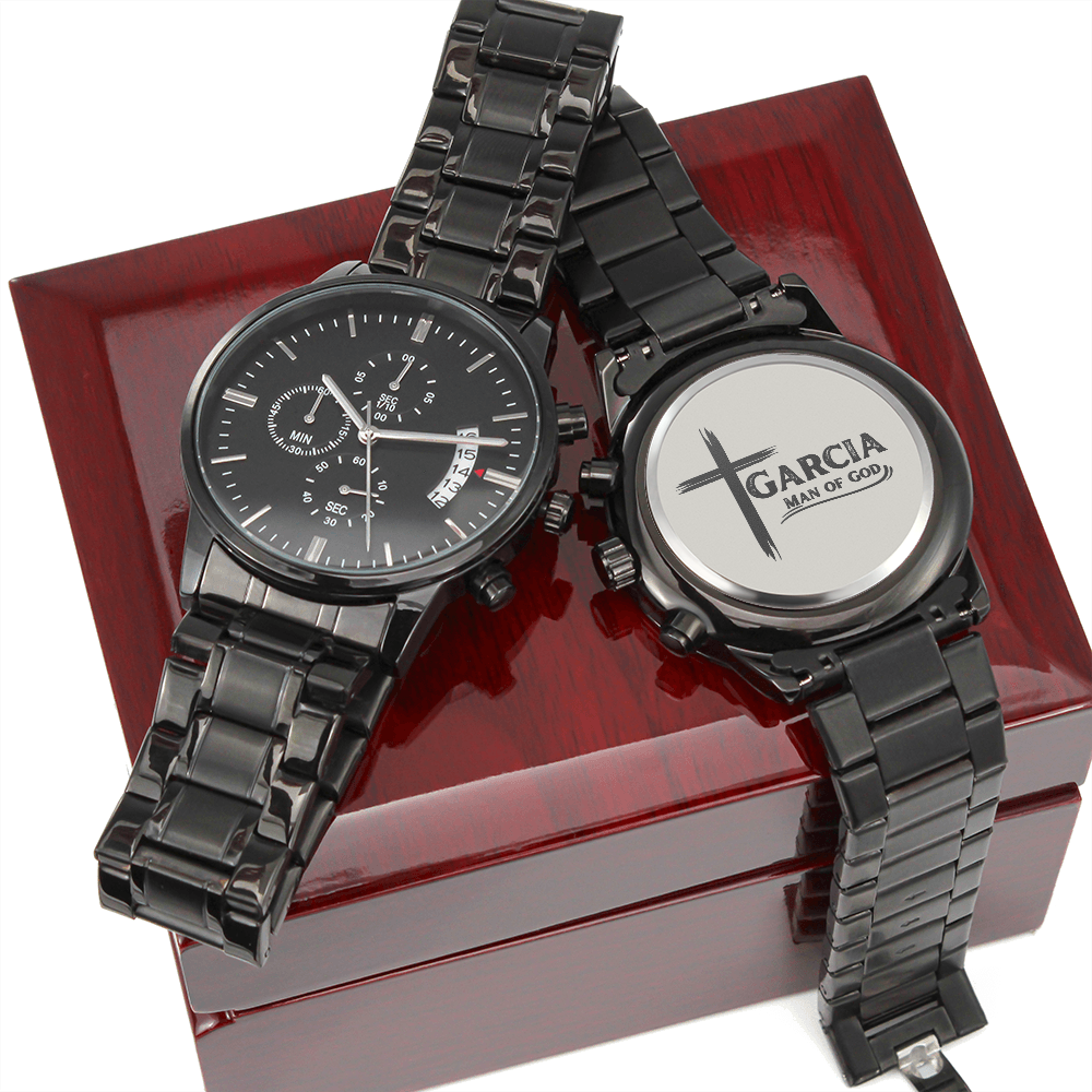 Men's Chronograph Black Watch - Personalized Man of God With Cross