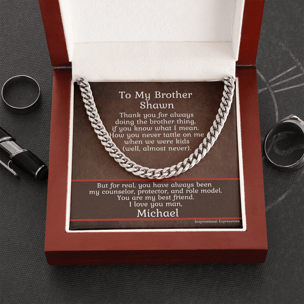 To My Brother Cuban Link Chain Necklace with Personalized Message Card