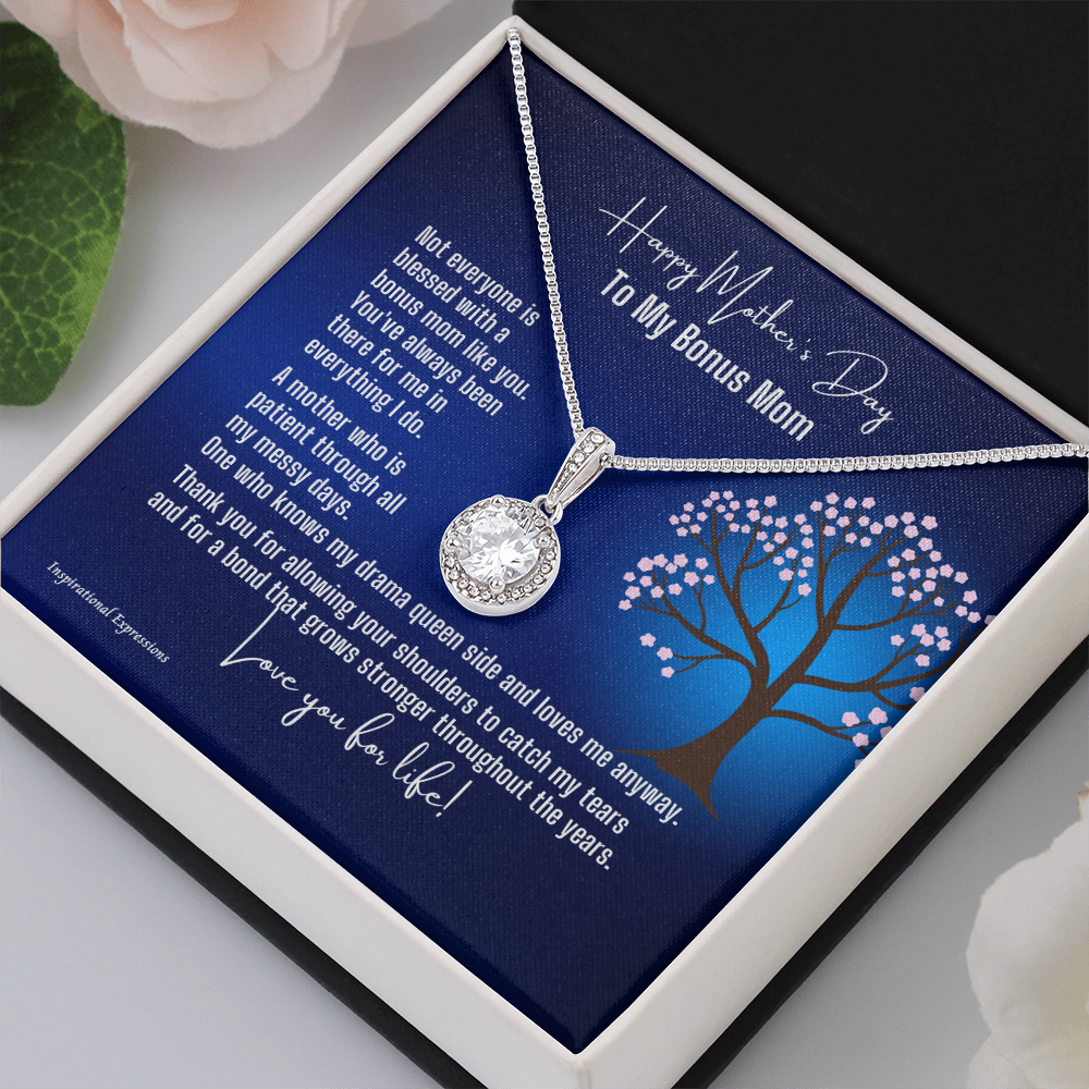 Bonus Mom Mother's Day Cubic Zirconia Pendant Necklace and Jewelry Message Card - Tree