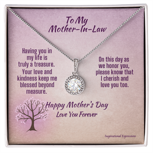 Mother-In-Law Mother's Day Cubic Zirconia Pendant Necklace and Jewelry Message Card -Treasure