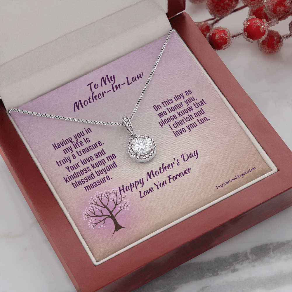 Mother-In-Law Mother's Day Cubic Zirconia Pendant Necklace and Jewelry Message Card -Treasure