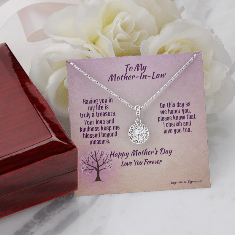 Mother-In-Law Mother's Day Cubic Zirconia Pendant Necklace and Jewelry Message Card -Treasure