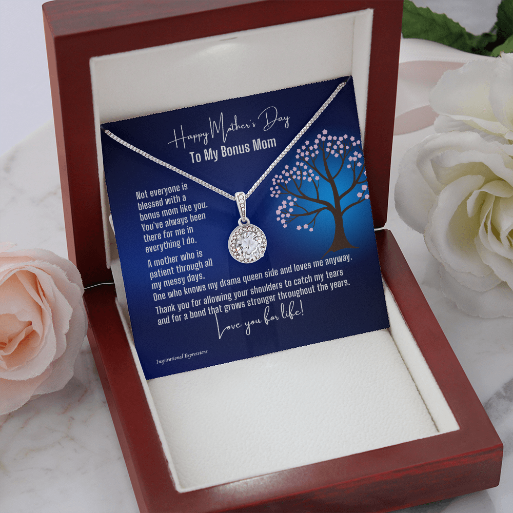 Bonus Mom Mother's Day Cubic Zirconia Pendant Necklace and Jewelry Message Card - Tree