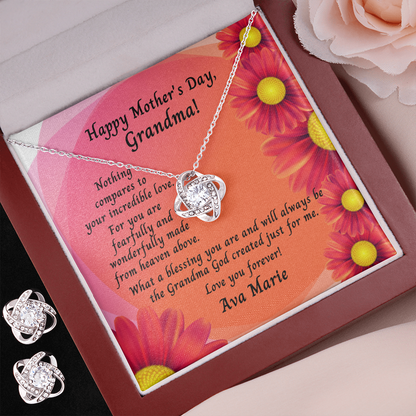 Personalized Mother's Day Card To Grandma - Love Knot Necklace And Earring Set - Nothing Compares