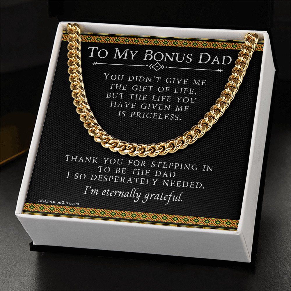 To My Bonus Dad Cuban Link Stainless Steel Chain With Kente Border Design