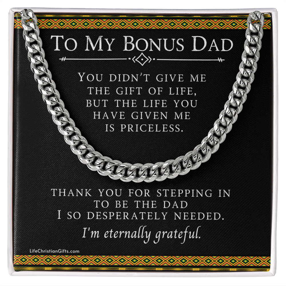 To My Bonus Dad Cuban Link Stainless Steel Chain With Kente Border Design