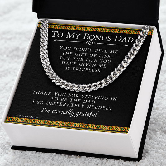 To My Bonus Dad Cuban Link Stainless Steel Chain With Kente Border Design