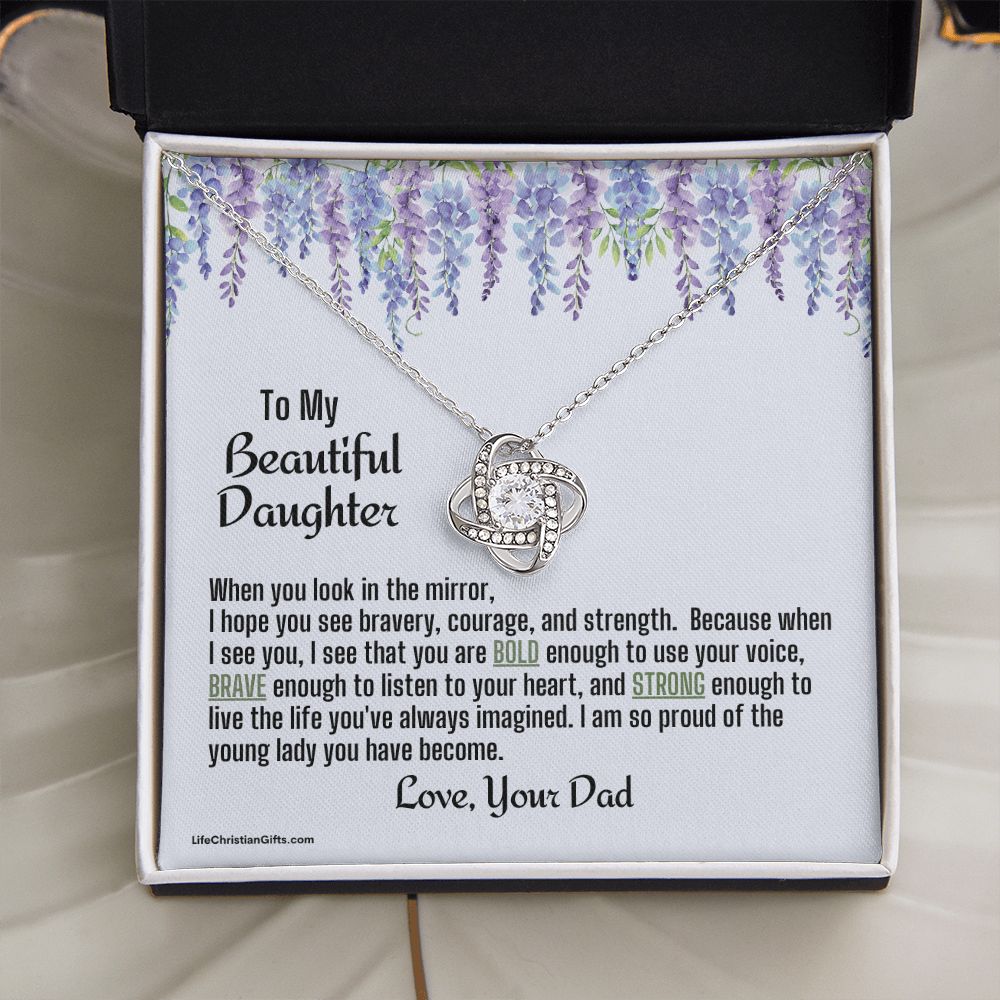 Daughter From Dad Love Knot Necklace | Look In The Mirror Message Card With Purple Flowers
