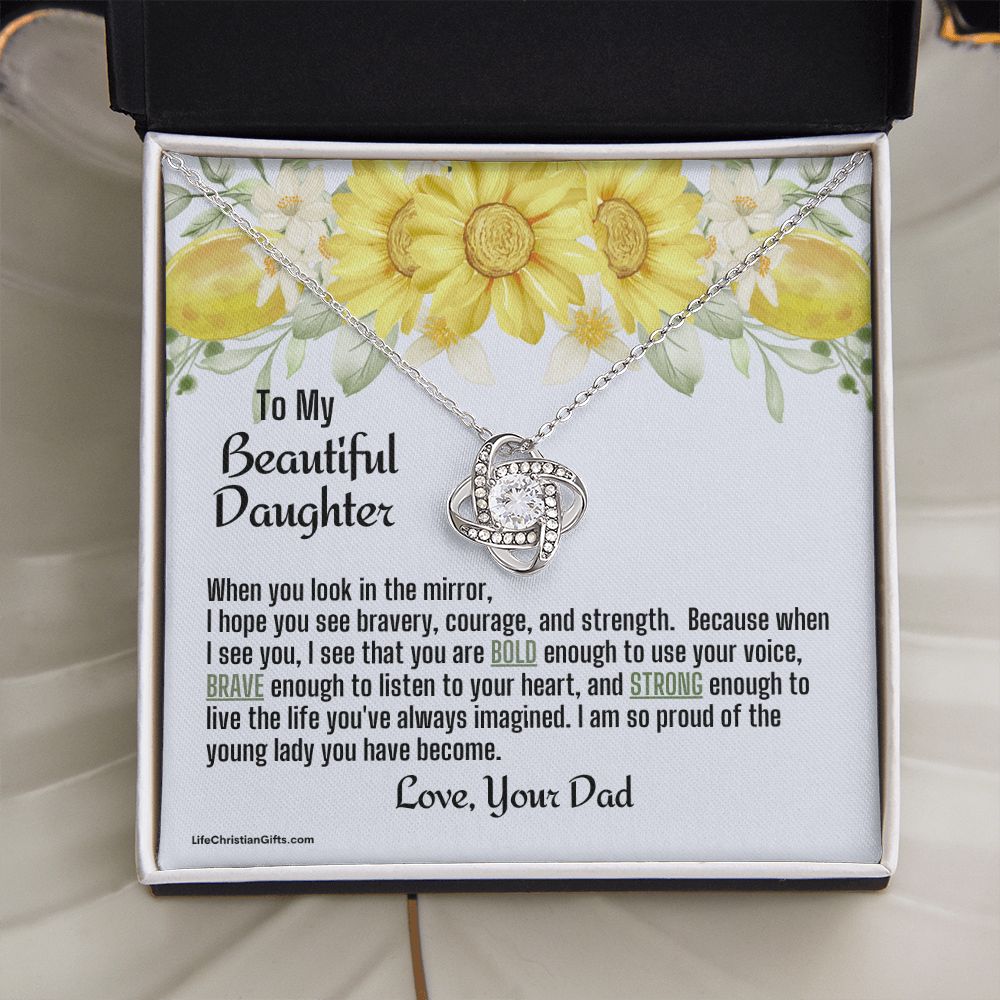 Daughter From Dad Love Knot Necklace | Look In The Mirror Message Card With Yellow Flowers