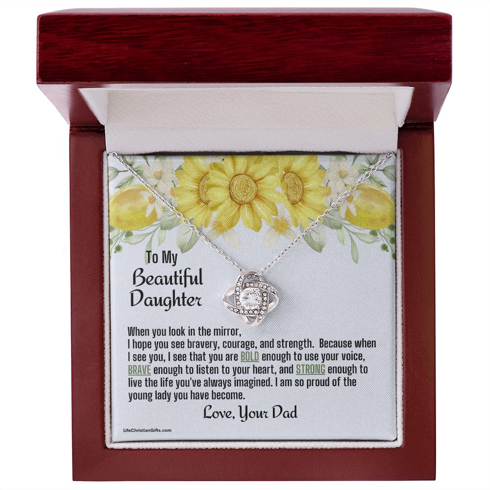 Daughter From Dad Love Knot Necklace | Look In The Mirror Message Card With Yellow Flowers