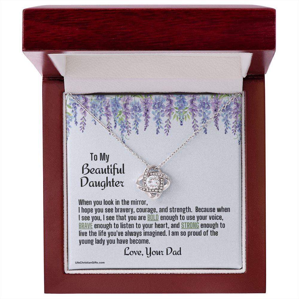 Daughter From Dad Love Knot Necklace | Look In The Mirror Message Card With Purple Flowers