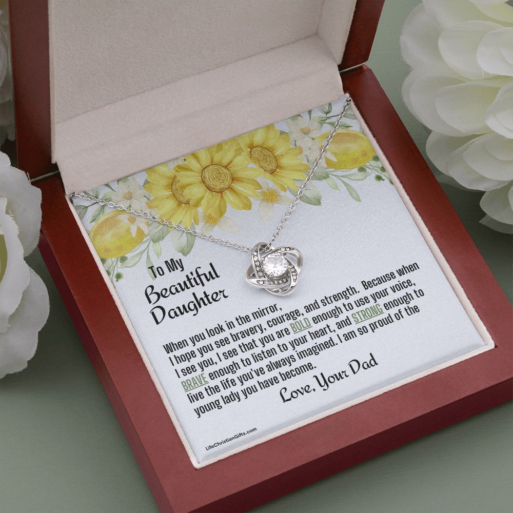 Daughter From Dad Love Knot Necklace | Look In The Mirror Message Card With Yellow Flowers