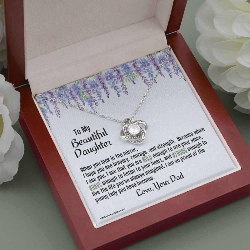Daughter From Dad Love Knot Necklace | Look In The Mirror Message Card With Purple Flowers