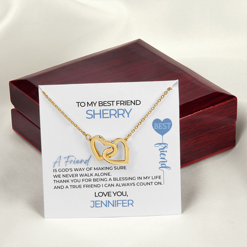 Interlocking Heart Necklace With Yellow Gold Finish And Best Friend Necklace Message Card With Closed Luxury Mahogany Box