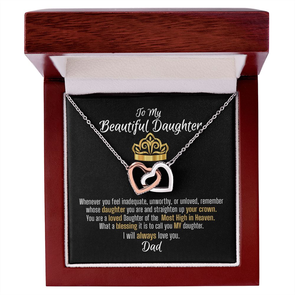 To daughter from dad - Rose gold and stainless steel Interlocking Heart Necklace in mahogany box.