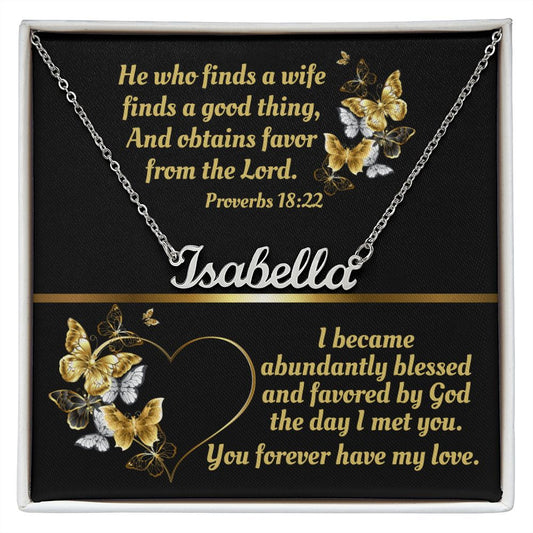 Custom Name Necklace To Wife Bible Verse Butterfly Card  - Proverbs 18:22