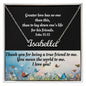 Custom Name Necklace With Bible Verse Message Card. The card features butterflies and Bible verse John 15:13. Necklace in box.