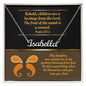 Name Necklace to daughter from dad with jewelry message card that features Bible verse Psalm 127:3 and a orange and yellow retro style butterfly.