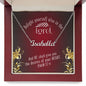 Custom Stainless Steel Name Necklace With Bible Verse Jewelry Message Card. Card features Bible verse Psalm 37:4 - Delight yourself also in the Lord. Card also has red background in a mahogany gift box.