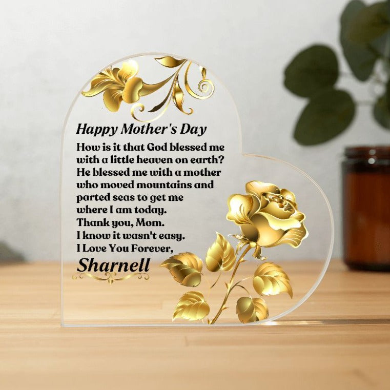 Personalized Heart Shaped Acrylic Desk Plaque with Christian faith message to Mom. The clear acrylic plaque features a gold rose and a signature line at the bottom for gift givers name.
