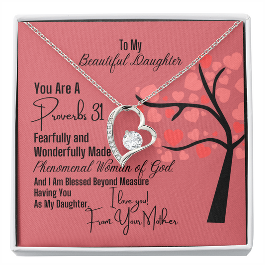 To Daughter From Mother - Heart Necklace and Proverbs 31 Message Card