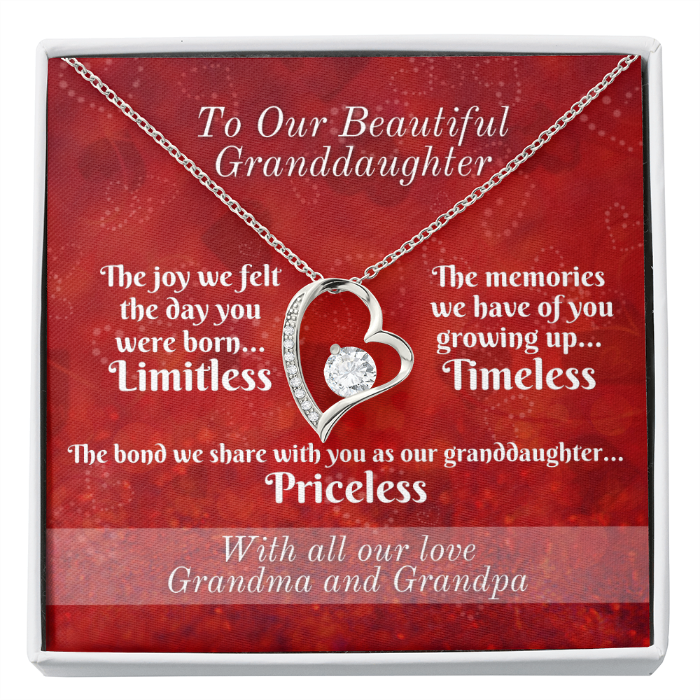 To Granddaughter From Grandparents - Heart Necklace and Limitless, Timeless, and Priceless Message Card