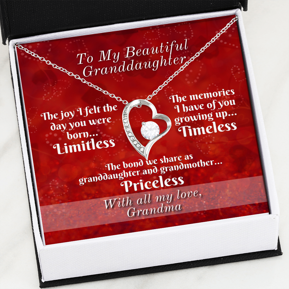 To Granddaughter From Grandmother - Heart Necklace - Limitless, Timeless, and Priceless Message Card