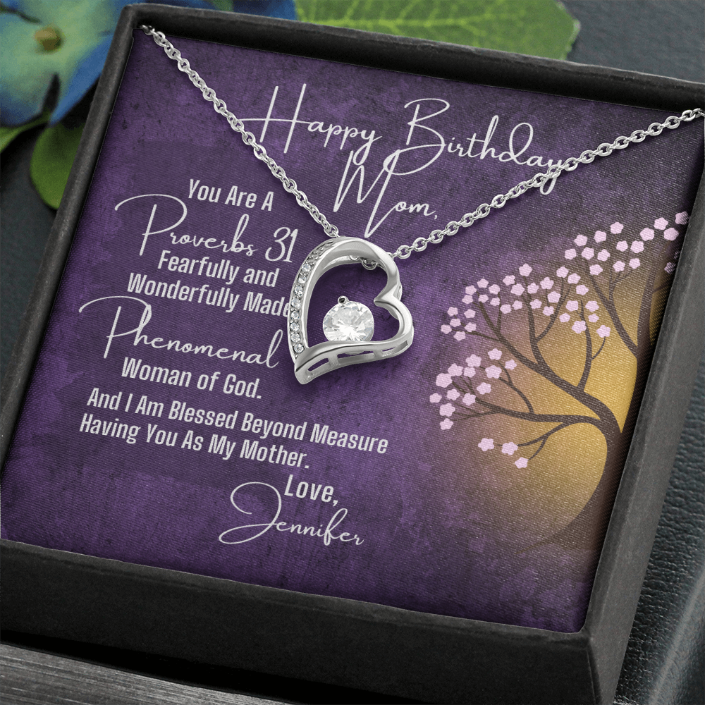 To Mom Birthday, Heart Necklace and Proverbs 31 Personalized Message Card