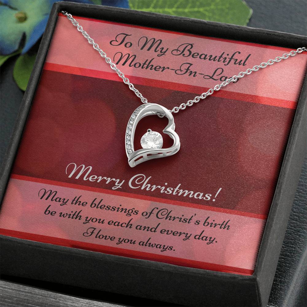 My Beautiful Mother-In-Law Christmas Card And Cubic Zirconia Heart Necklace and Gift Box