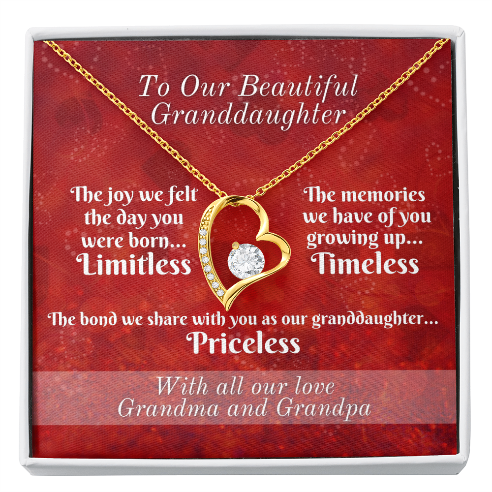 To Granddaughter From Grandparents - Heart Necklace and Limitless, Timeless, and Priceless Message Card