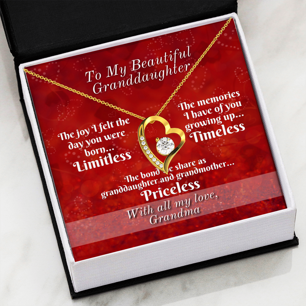 To Granddaughter From Grandmother - Heart Necklace - Limitless, Timeless, and Priceless Message Card